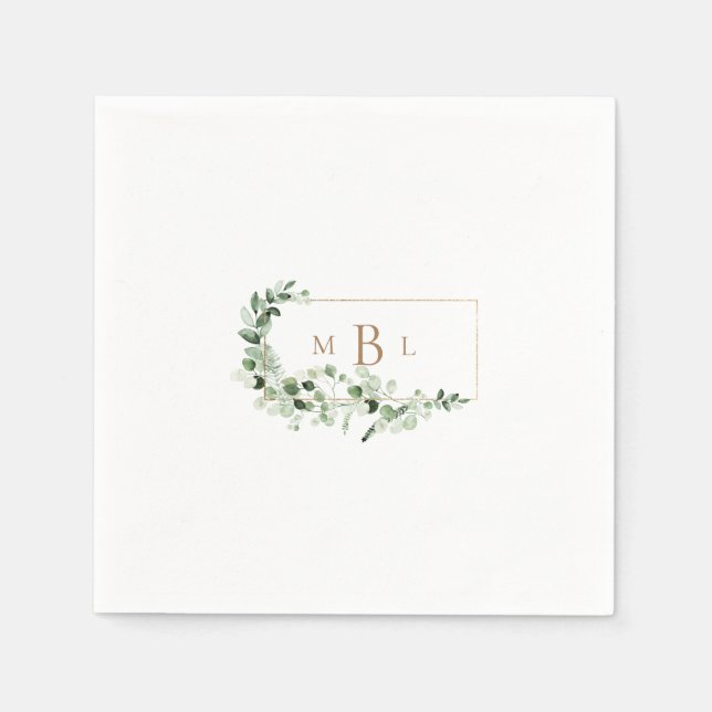 Foliage & Gold Monogramm Weißer eleganter Cocktail Serviette (Vorderseite)