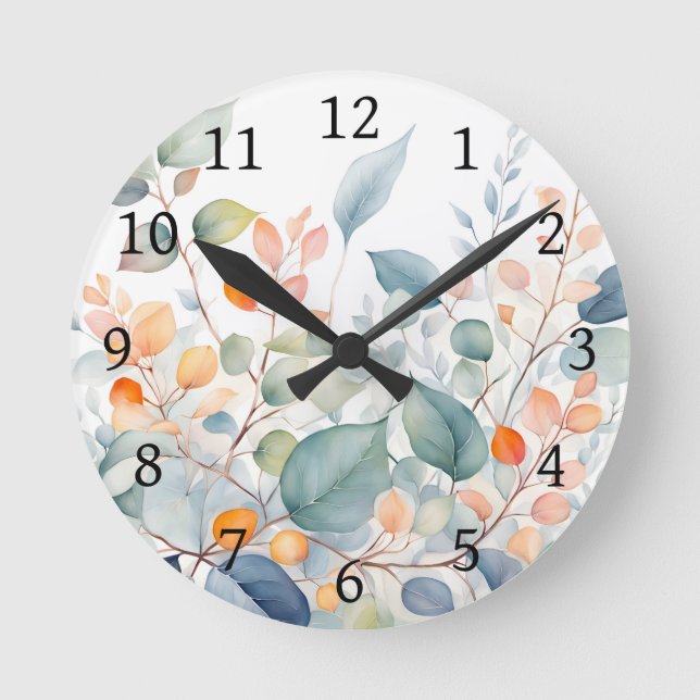 Foliage Green Blue Orange Leaves Runde Wanduhr (Vorderseite)