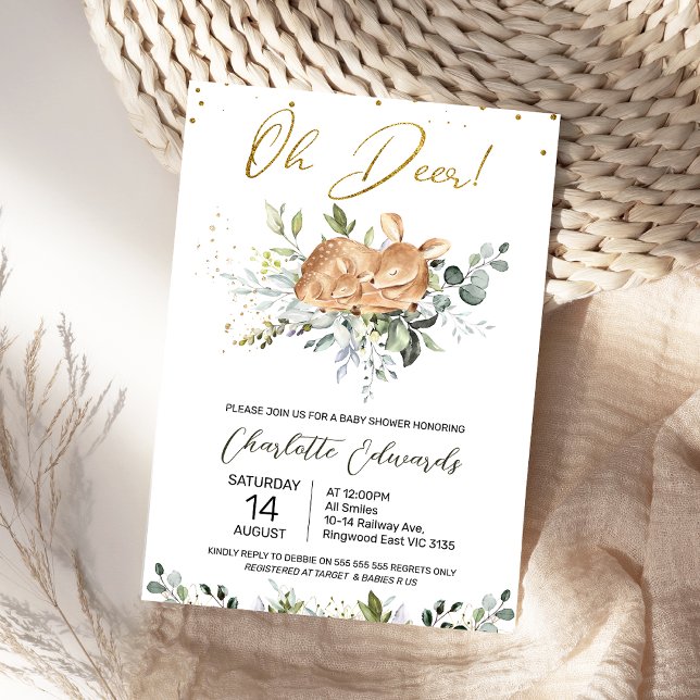 Foliage Green Oh Deer Baby Dusche Einladung (Oh Deer Baby Shower Invitation Gender Neutral, Greenery Foliage Deer Fawn Baby Shower Invitation)