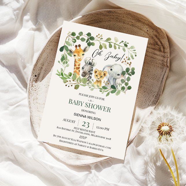 Foliage Greenery Gender Neutral Safari Baby Dusche Einladung (Safari Baby Shower Invitation Greenery Foliage Gender Neutral, Wild One Jungle Animals Baby Shower )