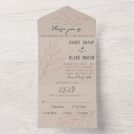 Foliage Line Art Champagne, Pink & Navy Boho All In One Einladung