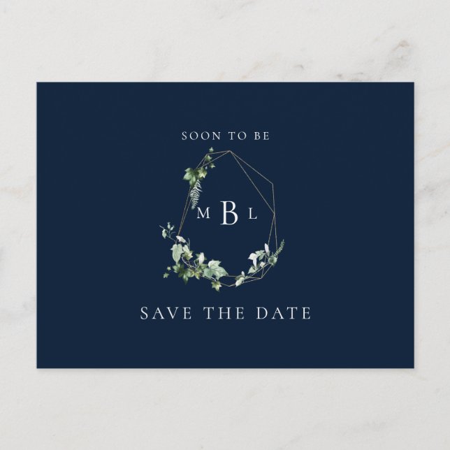 Foliage Monogram Wedding Save the Date Navy Ankündigungspostkarte (Vorderseite)