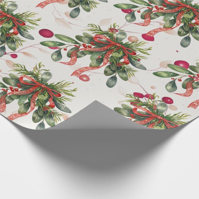 Foliage Red Ribbon Christmas Holly Geschenkpapier (Ecke)