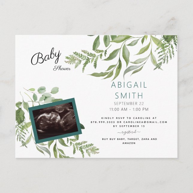 Foliage Ultrasound Foto Aquamarin Baby Dusche Einladungspostkarte (Vorderseite)