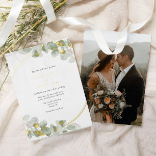 FOLIE Eukalyptus Grün Gold Einfache Foto Hochzeit Folieneinladung