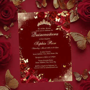 Folie Rot Gold Schmetterling Floral Quinceanera Folieneinladung