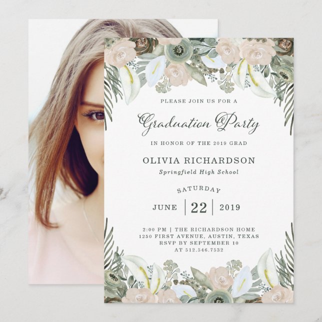 Folien und Blüten | Sage Green Grad Party Foto Einladung (Vorne/Hinten)