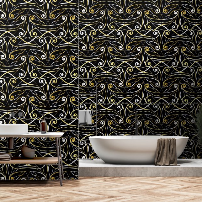 Folien und Wirbel Moderne Damaskus Silver Gold Bla Tapete (Badezimmer)