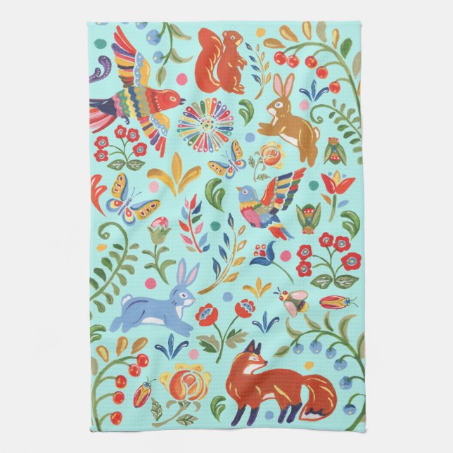 Folk Animal Woodland Floral Turquoise Fiesta Geschirrtuch (Vertikal)