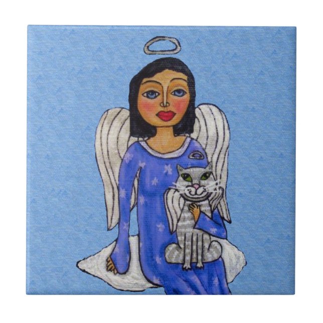Folk Art Angel Blue Augen White Angel Cat auf Clou Fliese (Vorderseite)