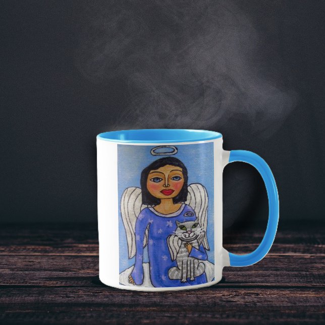 Folk Art Angel Cat Angel auf Cloud Tasse (Blue Eyed Angel white wings holding white angel cat sitting on cloud in blue sky coffee or tea mug.)