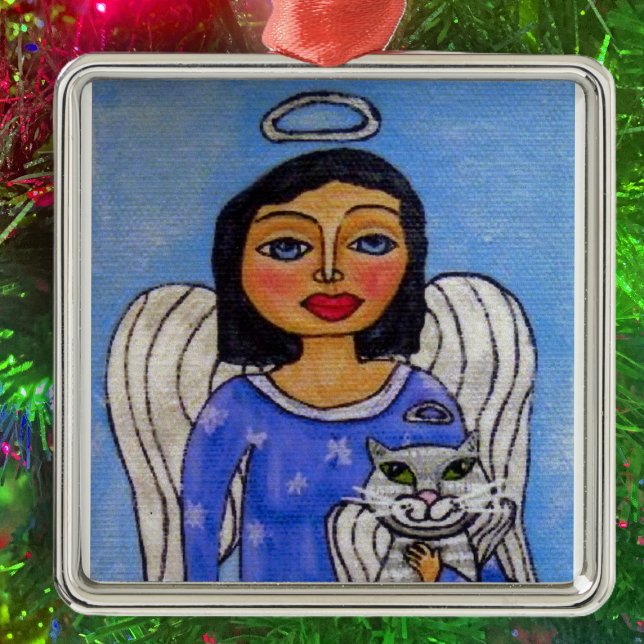 Folk Art Angel Cat Angel Ornament Aus Metall (Angel silver halo holding white angel cat on light blue Christmas hanging ornament.)