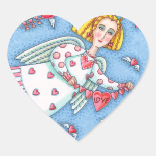 FOLK ART ANGEL, CAT UND FLIEGENDE HERZEN Herz-Aufkleber