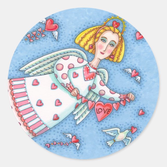 FOLK ART ANGEL, CAT UND FLIEGENDE HERZEN RUNDER AUFKLEBER (Vorderseite)