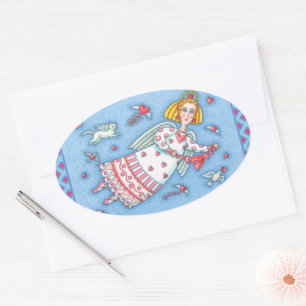 FOLK ART ANGEL, CAT UND FLIEGENDE HERZWERTE VALENT OVALER AUFKLEBER