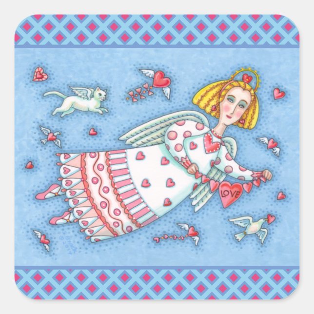 FOLK ART ANGEL, CAT UND FLIEGENDE HERZWERTE VALENT QUADRATISCHER AUFKLEBER (Vorderseite)