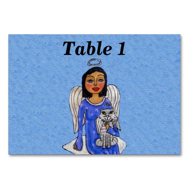 Folk Art Angel Holding White Angel Cat on Cloud Tischnummer (Vorderseite)