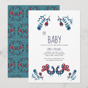 Folk Art Baby Shower Einladung Vögel Skandinavien