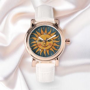 Folk Art bemalt Sonnengesicht auf Holzplanks Ladys Armbanduhr