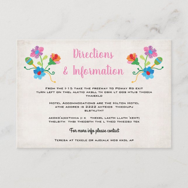 Folk Art bestickt mexikanische Fiesta Wedding info Begleitkarte (Vorderseite)