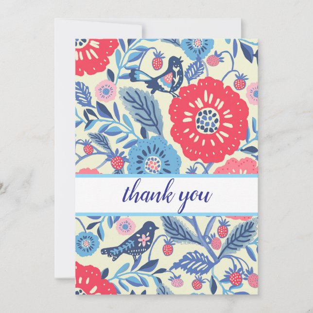 Folk Art Bird und Strawberry Danke Karte (Vorderseite)