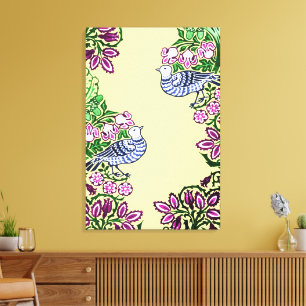 Folk Art Birds Blume Acorns Leinwanddruck