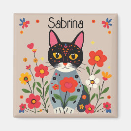 Folk Art Black Cat und Blume Personalisiert Magnet