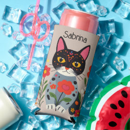 Folk Art Black Cat und Blume Personalisiert Selters Dosenkühler
