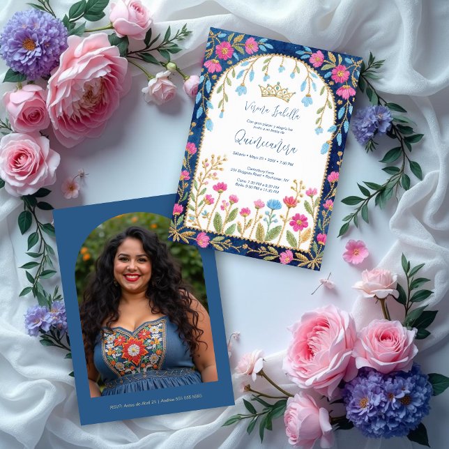 Folk Art Blue Shades Spanish Mexican XVs Floral Einladung (Folk Art Blue Shades Spanish Mexican XVs Floral Border Embroidery Style Quinceañera Invitation Cards)