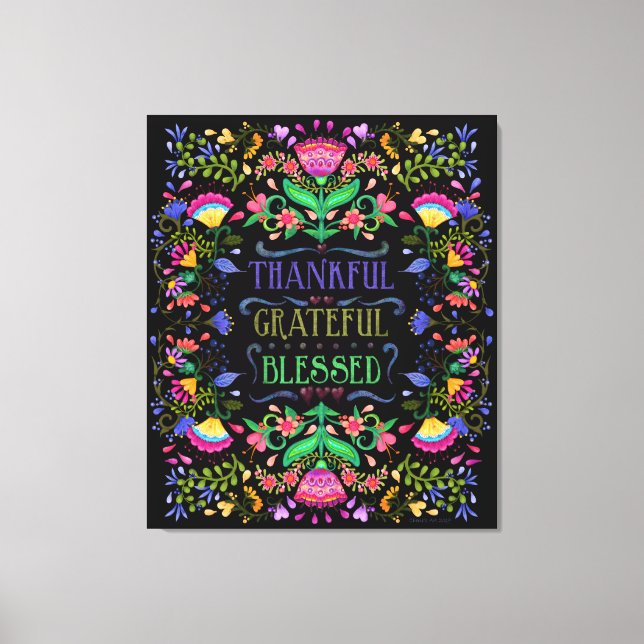 Folk Art Blume | Dankbar, dankbar, gesegnet Leinwanddruck (Vorderseite)