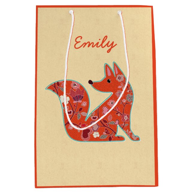 Folk Art Blume Muster Fox Personalisiert Mittlere Geschenktüte (Vorderseite)