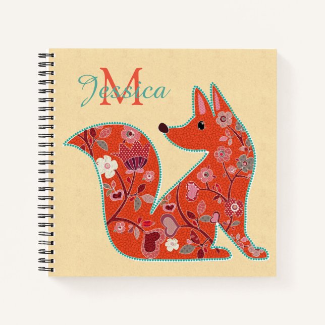 Folk Art Blume Muster Fox Personalisiert Notizbuch (Vorderseite)