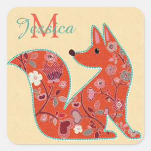 Folk Art Blume Muster Fox Personalisiert Quadratischer Aufkleber