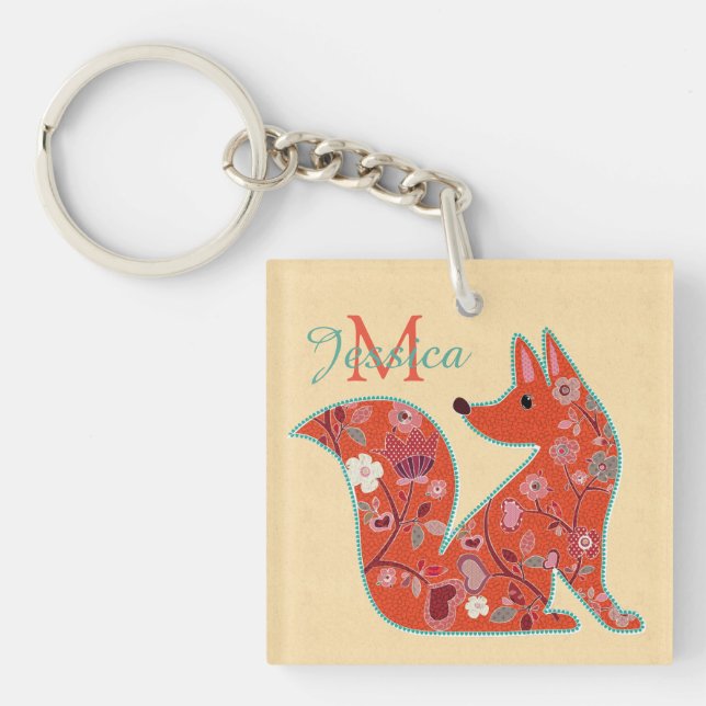 Folk Art Blume Muster Fox Personalisiert Schlüsselanhänger (Vorderseite)