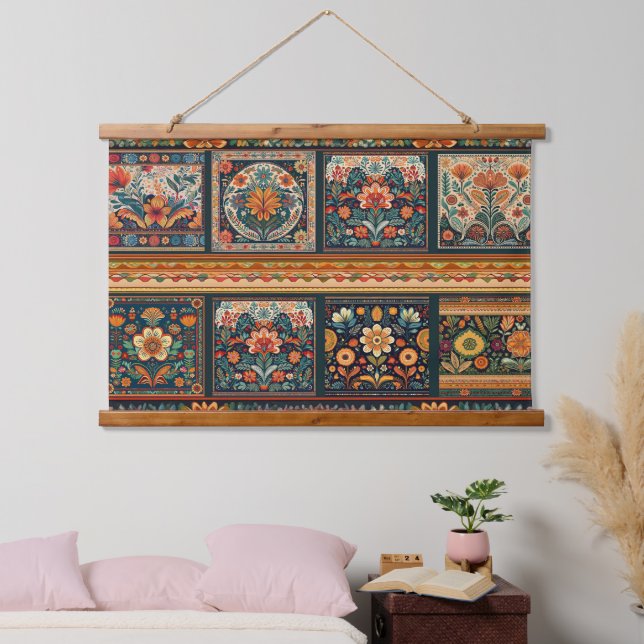 Folk Art Blume Tiles Walll Hanging Wandteppich Mit Holzrahmen (Schlafzimmer)