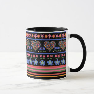 Folk Art Border on Black Ringer Coffee Tasse