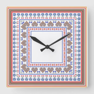 Folk Art Border Square Wall Uhr