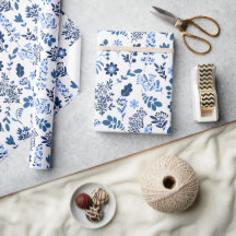 Folk Art Botanische Blumenschrift Indigok Blau Wei