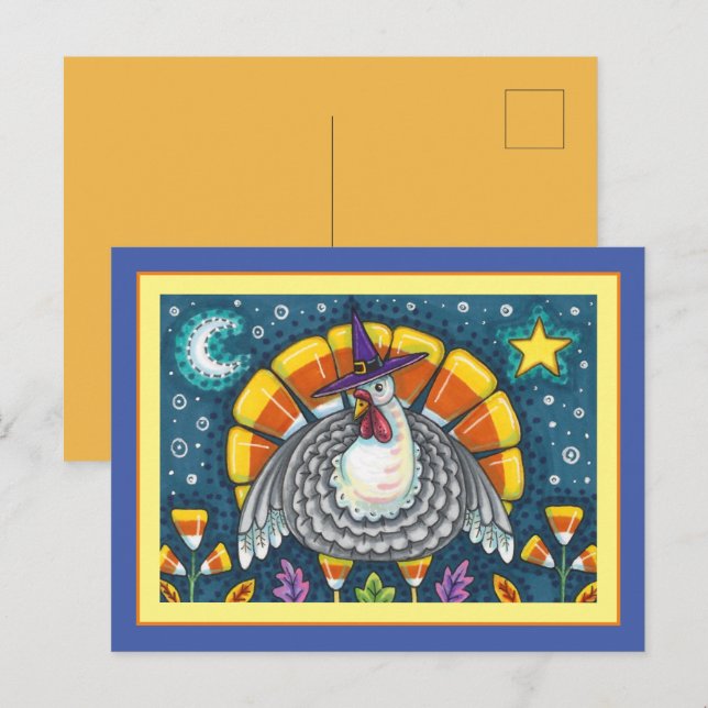 FOLK ART CANDY CORN TURKEY PILGRIM, ERNTEDANK POSTKARTE (Vorne/Hinten)