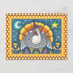 FOLK ART CANDY CORN TURKEY PILGRIM, ERNTEDANK POSTKARTE