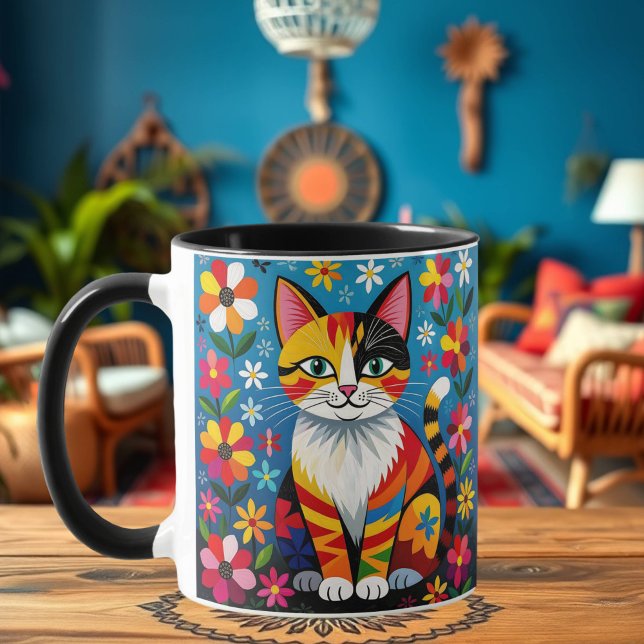 Folk Art Cat, Flowers & Butterfly Personalized Tasse (Von Creator hochgeladen)