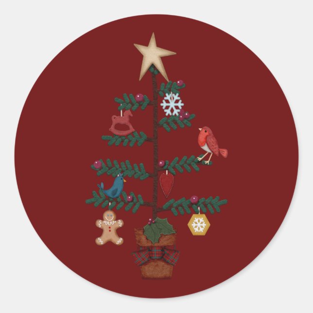 Folk Art Christmas Tree | Filzschmuck Runder Aufkleber (Vorderseite)