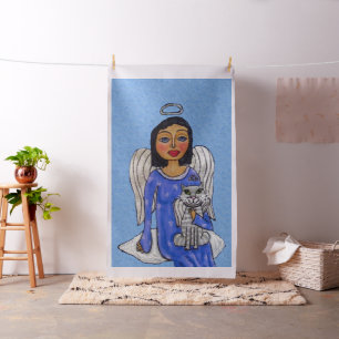 Folk Art Engel Blue Augen Weiße Katze auf Cloud Stoff