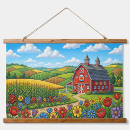  Folk Art Farm Landscape Tapestry – Barn,  Wandteppich Mit Holzrahmen