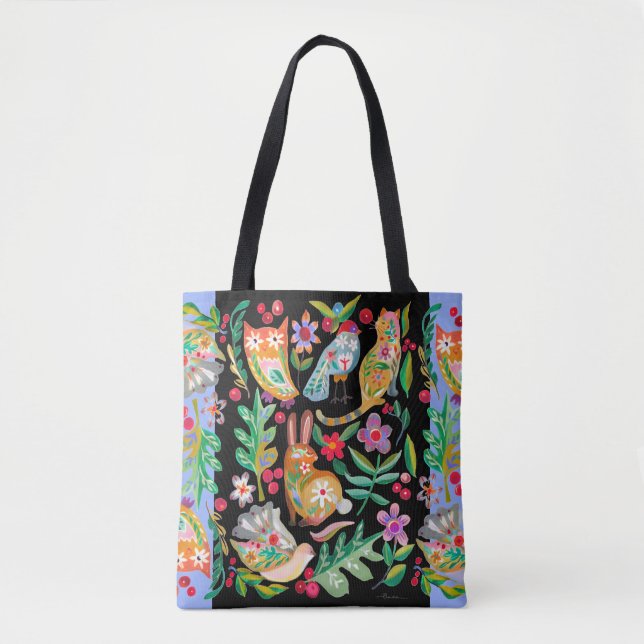 Folk Art Floral Animal Friends Black Customizable Tasche (Vorderseite)