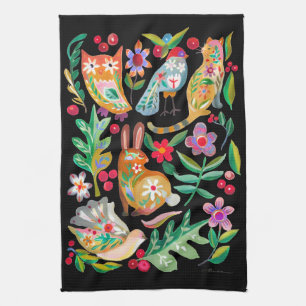 Folk Art Floral Animal Friends Black Geschirrtuch