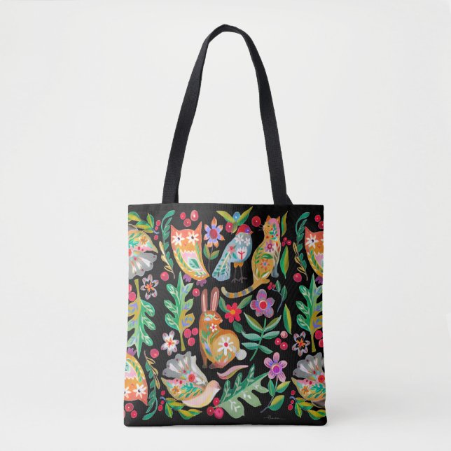 Folk Art Floral Animal Friends Black Tasche (Vorderseite)