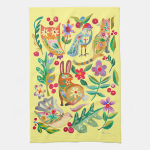Folk Art Floral Animal Friends Blassgelb Geschirrtuch