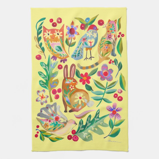 Folk Art Floral Animal Friends Blassgelb Geschirrtuch (Vertikal)