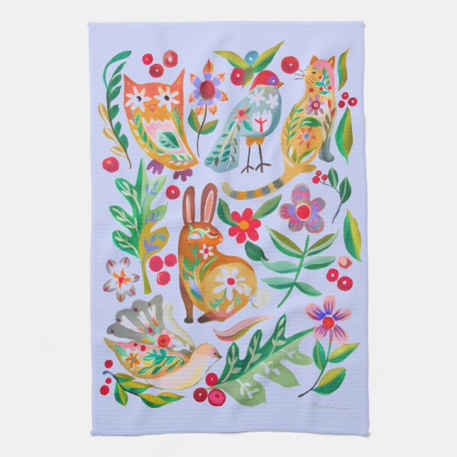 Folk Art Floral Animal Friends Pale Blue Geschirrtuch (Vertikal)